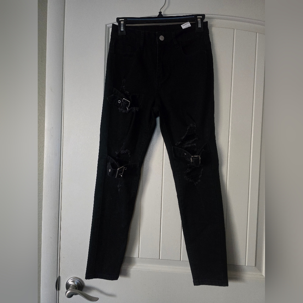 Stylish Black Women's Jeans with Buckle Accents